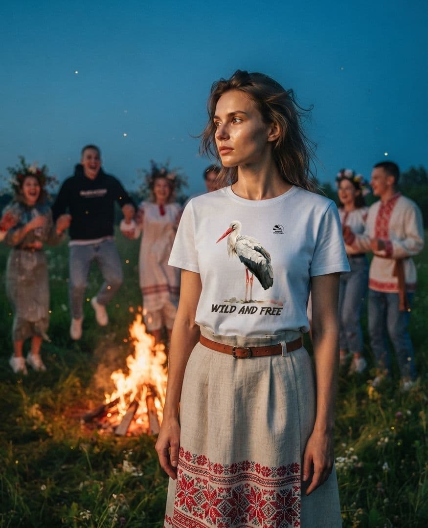 Купалле і дзяўчына ў майцы з буслом (1) Девушка в майке с белым аистом на празднике Купалья