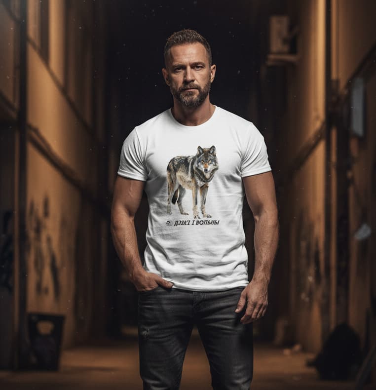 Мужчына ў майцы з ваўком-2